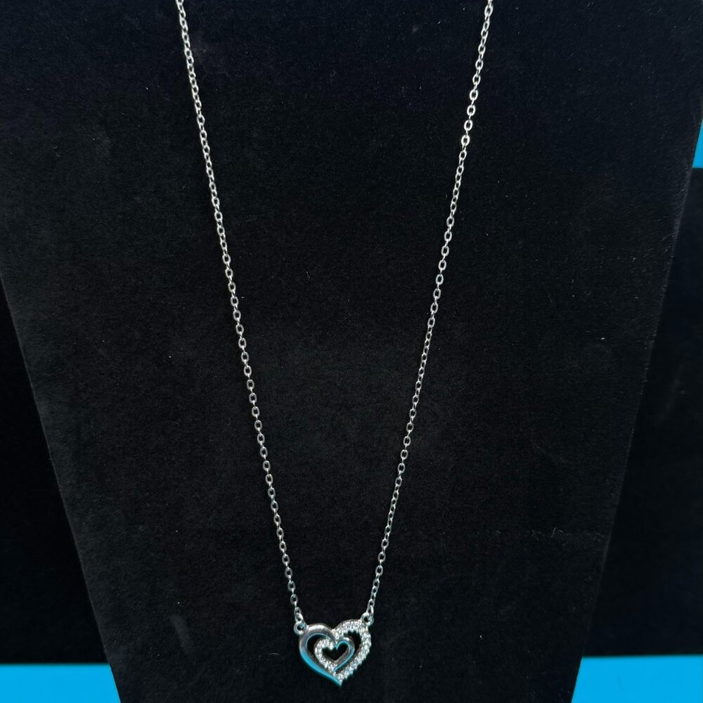 Vintage Double Heart Rhinestone Silver Tone Pendant Necklace 21"